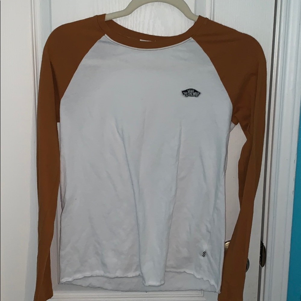 Women’s light brown and while long sleeve vans tee